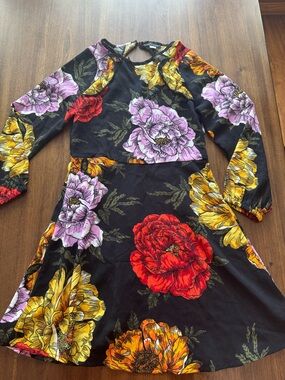 River Island Black Floral Long Sleeve Dress with Red, Yellow & Purple Blooms